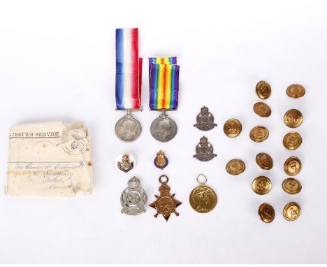 Four first World War Medals awarded to Lt Westmacott together with military buttons and other items. 