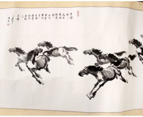Chinese SchoolGalloping Horses Print, with embroidered border81 x 170cm Together with a Chinese scroll painting of a horse, 1