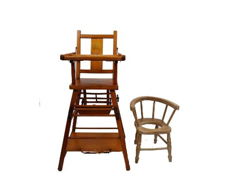 A yew wood metamorphic child's high chair together with an oak potty stool