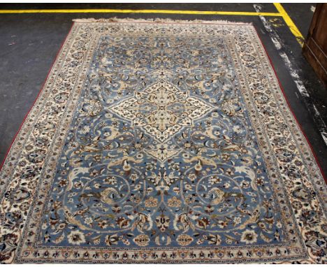 A large part silk Persian Nain Isfahan style carpet, central medallion and stylised birds and floral motifs 250cm x 158cm