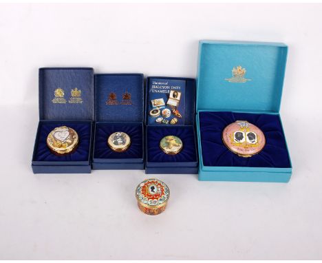 A collection of Halcyon days enamel boxes. Four in boxes and one unboxed. Slight wear to lids. (5)