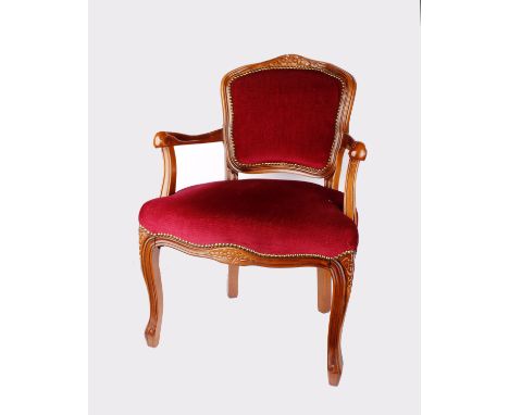 A modern shield back salon chair in the French style. Stained beech frame with burgundy velour upholsteryDimensions  58cm(W) 