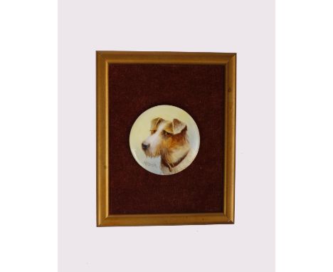 A Royal Worcester framed porcelain roundel of a terrier type dog in profile signed A. Shuck. Puce mark verso circa 1930s. 5.5