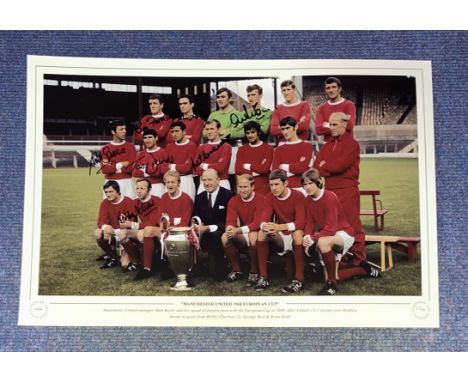 Manchester United 1968 European Cup 16x12 multi signed colour print signatures included are Bill Foulkes, John Aston, Alex St