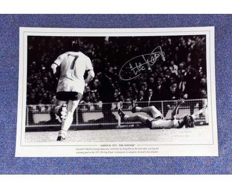 Charlie George signed 16x12 black and white print Arsenal 1971 The Winner. Arsenal Charlie George famously celebrates by lyin