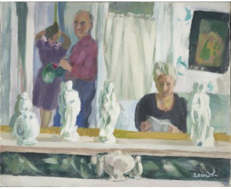 Jan Wacław Zawadowski (Polish, 1891-1982)Interior View with Figures and Self-Portrait signed 'Zawado.' (lower right)oil on ca