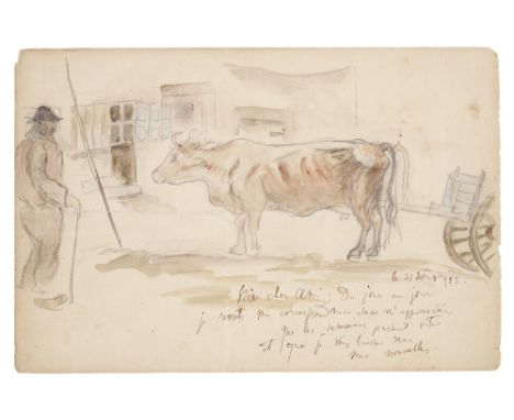 Tadeusz Makowski (Polish, 1882-1932)Letter with an Illustration of a Cow and a Man on the reverse signed 'Votre bien dévoué, 