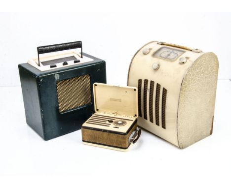 Vintage Radios, three vintage radios small suitcase Marconiphone, a green box shaped Ever Ready and an interesting  curved cr
