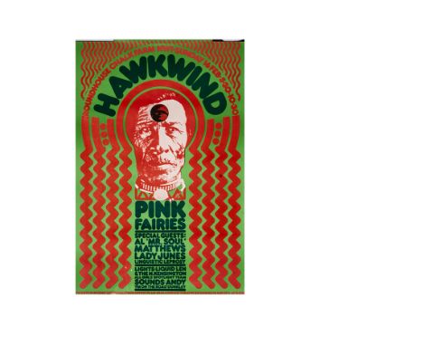 Hawkwind / Pink Fairies Concert Poster, Poster for a gig at The Roundhouse 16th February 1975 - vibrant read and green colour