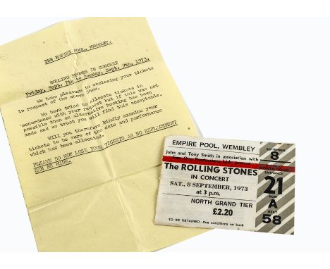 Rolling Stones Concert Ticket, ticket for 8th September 1973 at the Empire Pool Wembley together with the typed enclosure wit