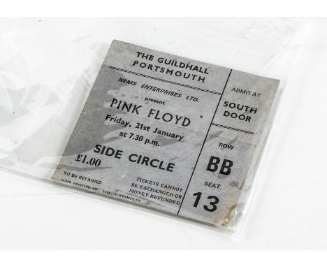 Pink Floyd Concert Ticket, ticket for 21st January 1972 at the Guildhall Portsmouth (the first tour playing Dark Side of the 