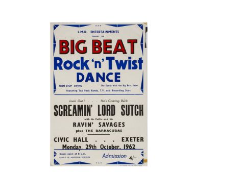 Screaming Lord Sutch Concert Poster, A poster for the gig at the Civic Hall, Exeter 19th October 19622 - light creasing with 