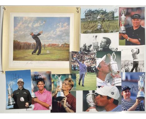 Good selection of signed golfing memorabilia to include: 12x8" colour photo print signed by approx 24 British Open winners in