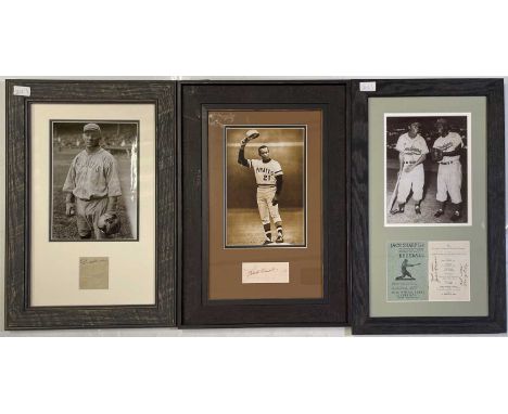 Three mounted and framed displays bearing signatures on cards, pages etc from baseball stars to inc: Roberto Clemente, Jackie