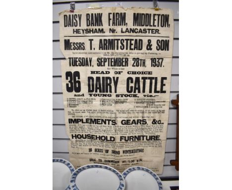 A vintage 1937 dated advertising poster for the sale of Daisy Bank farm, Middleton, Heysham, Nr lancaster.