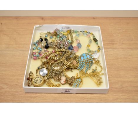 An assorted collection of costume jewellery, to include a continental Solora fob watch on yellow metal chain, a ladies Sekond