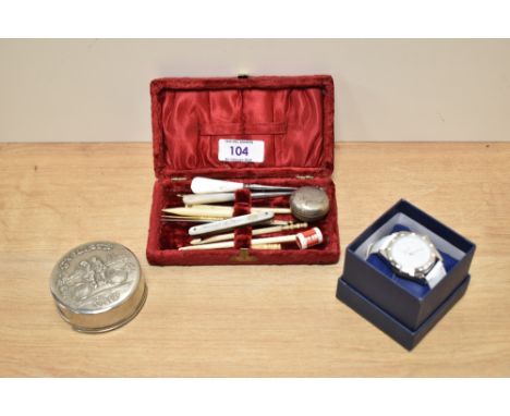 A vintage cyclists stirrup cup, a ladies wrist watch and an assortment of bone crochet hooks and Mother of Pearl handle croch