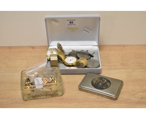 A selection of vintage cufflinks and tie pins, two gents watches, a silver plated caddy spoon and three collectable coins.