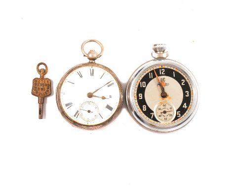 A silver open face pocket watch, 41mm white enamel dial with roman numeral chapter ring in a silver engine-turned 48mm case w