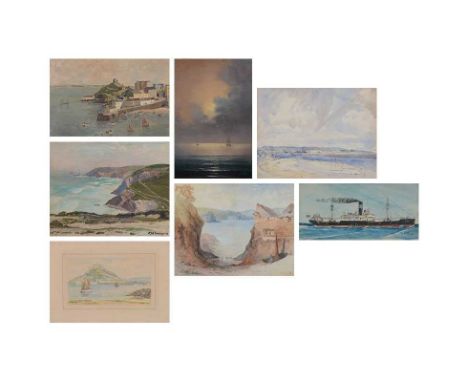 Seven assorted original artworks, mostly coastal scenes:Thomas Symington Hallliday, Aryshire coast, watercolour, 24x32cm;R J 