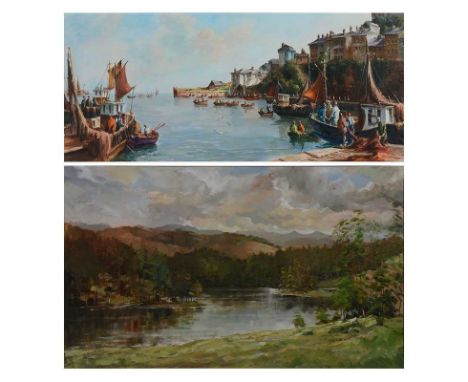 R M Tomlinson, Tarn Hows,signed, oil on board44x75cm;and Terry Burke, Brixham Harbour,oil on canvas,40x91cm.Qty: 2