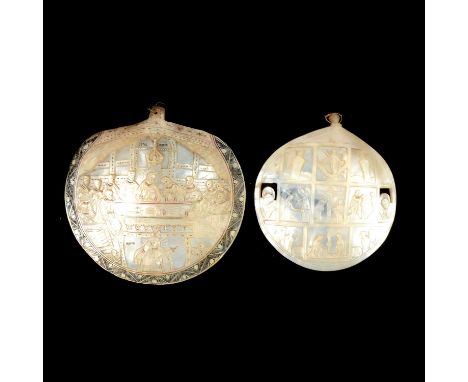 Two carved mother-of-pearl shells, one of Last Supper, the other with compartments depicting the birth, death and the resurre