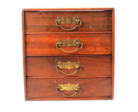 Small mahogany chest of four drawers, with brass handles, width 31cm; and a late Victorian oak shelf clock, with painted dial