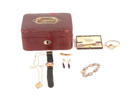 A vintage jewel box with costume jewellery and watches, a pair of faceted purple crystal drop earrings; gold-plated heart sha