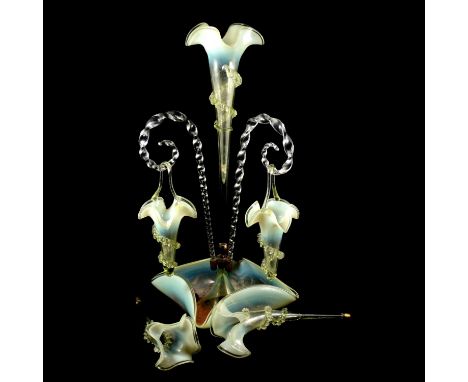 Victorian opalescent glass epergne, the central flute surrounded by two suspended baskets on coiled scrolls, and two further 