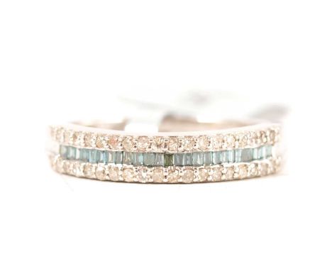 Gemporia - a blue and white diamond half eternity ring, a central row of twenty-six blue diamonds with a row of eighteen whit