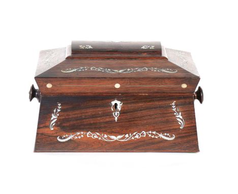 Victorian inlaid rosewood work box and contents, domed casket form, inlaid with mother of pearl, width 32cm, depth 24cm.