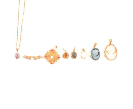 A yellow metal gemset brooch, five gemset pendants, two cameo lockets and a 9 carat yellow gold chain, a synthetic pink stone