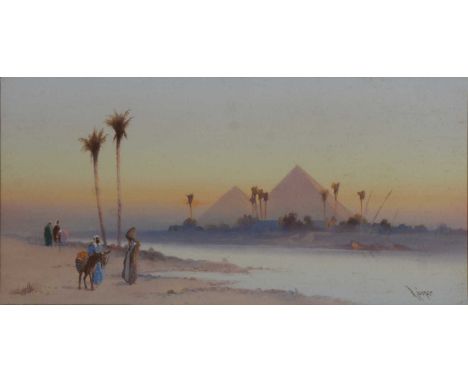 R Cooper, Pyramids and the Nile,watercolour, signed,18x37.5cm.