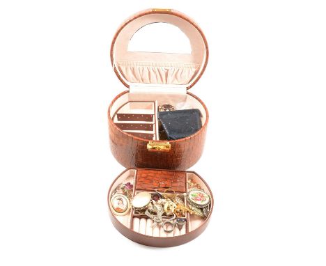 A jewel box of vintage costume jewelry (client may wish to have jewel box back), two marcasite brooches; oval nacre brooch in