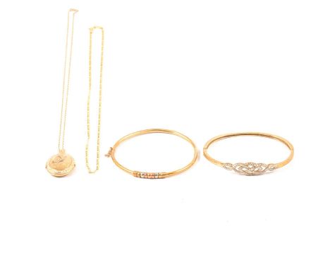 Two gold bangles, a 2.5mm hollow half hinged bangle with multi colour gold hoops to front; another half hinged bangle with di