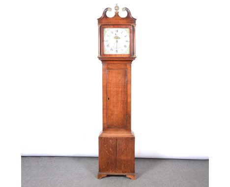 Oak longcase clock, the hood with brass finial, swan neck pediment, turned columns, trunk with long door, bracket feet, 12" s