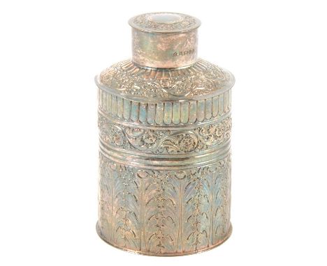 A Victorian silver tea caddy, Atkin Brothers, Sheffield 1888, cylindrical form, repousse chased leaves, flowers and scroll de