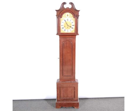 Modern mahogany longcase clock, the hood with swan neck pediment, case with long door, bracket feet, ten inch arched brass di