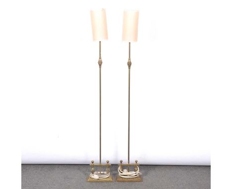 Pair of modern lacquered brass standard lamps, andiron bases, with shades, 150cm.