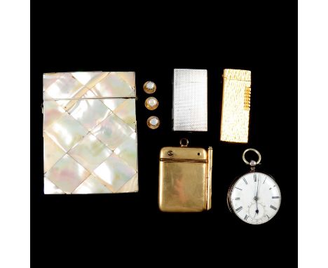 A Mother-of-pearl card case; brass aide-memoire with pencil holder to side; a Cosmic gold-tone bark textured cigarette lighte