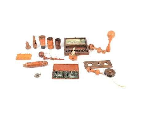 A collection of treen toys, to include whistle, antique yo-yo, cased travel set of dominoes; dice shakers etc.