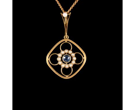 A sapphire and seed pearl pendant on a yellow metal chain, the central round brilliant cut sapphire surrounded by twelve seed