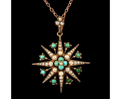 A turquoise and seed pearl star pendant, the central seed pearl surrounded by four turquoise cabochons, the eight main rays w
