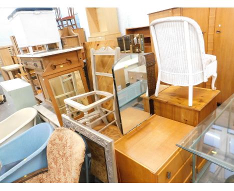 Sundry furniture, marble topped wash stand, similar mirror backed dressing table, Lloyd Loom style towel box, etc. (a quantit