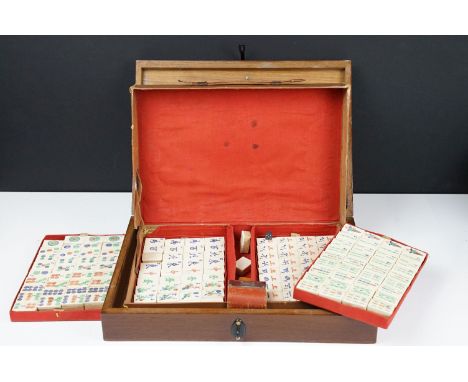 Vintage mahjong set with bone &amp; bamboo pieces, housed within a case and wooden box (with inscription to lid). Box measure