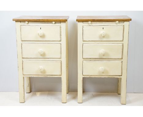 Pair of vintage painted bedside chests, each with three drawers and brushing slide, 76cm high 45.5cm wide x 30cm deep 