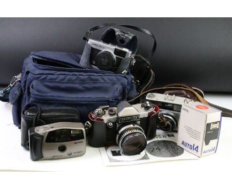 Group of cameras to include an Olympus trip 35 film camera with tripod and camera bag, Praktica PL noval camera and an Ilford