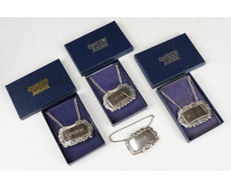 Silver Hallmarked ‘ Gin ‘ Decanter Bottle Label, London 1973 P H Vogel &amp; Co, together with a set of three boxed Silver Pl