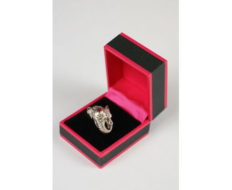 Large silver elephant ring with ruby eyes 
