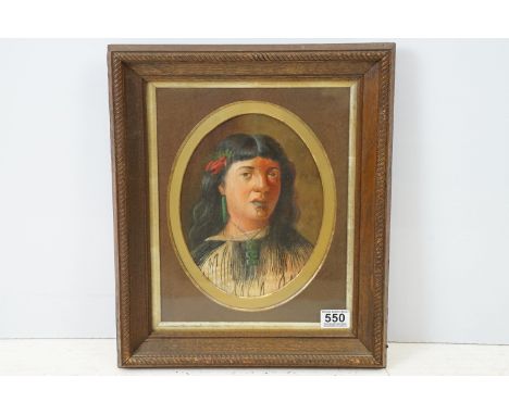 Oil painting portrait of a Maori woman in tribal attire, oval, 24.5 x 18.5cm, framed and glazed 